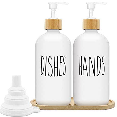 Dispensador de Jabón Blanco Mate Set 500ml Dosificador Jabon Baño de Vidrio con Bandeja Dispensador de Líquido para Lavavajillas Dispensador de Jabón para Cocina y Ducha (Blanco x 2)