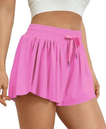 VIGVAN Shorts Damen Sommer Sport Kurze Hose 2 in 1 Kurz Sporthose Running Yoga Biker Shorts Schnelltrocknende Gym Fitness Laufshorts Sportrock Strandshorts (Rosa, M)