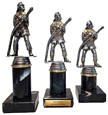 eberin · Feuerwehr Pokale mit Wunschtext · Wanderpokal · Resinfigur Feuerwehrmann Altsilber/Gold auf schwarzer Säule/Marmorsockel · FFW Pokal in 3 Größen erhältlich ·