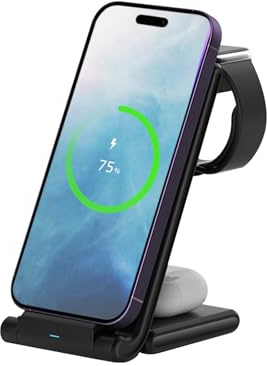 MMOBIEL Wireless Ladestation Kompatibel mit iPhone, Apple Watch und AirPods - Faltbare 3-in-1 Wireless Charger Kompatibel mit Qi Magsafe Charging – Induktives Ladegerät für Phone – Schwarz