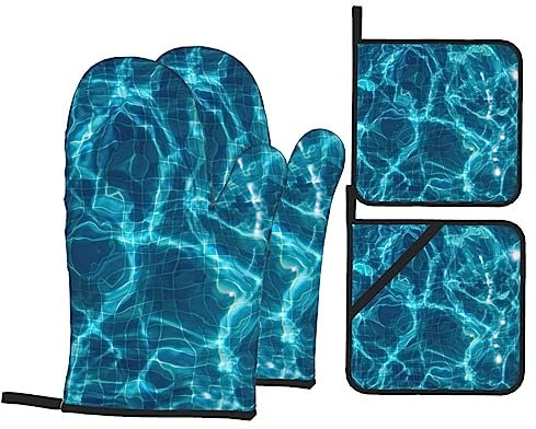 EVANEM Ofenhandschuhe und Topflappen 4er Set BBQ Handschuhe Blau Wasser rutschfeste Ofenhandschuhe Hochhitzebeständige Kochhandschuhe für Küche Backen Kochen Unisex Einheitsgröße