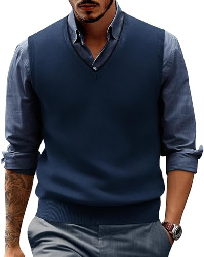 PaulJones Chaleco de punto para hombre, sin mangas, cuello en V, estilo business, corte ajustado, azul oscuro, M