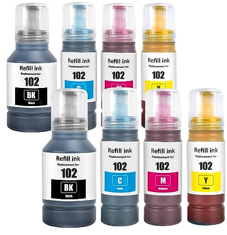 SHUOLEI 102 Tinte Kompatibel mit epson 102 E102 mit Ecotank Tintenpatronen Nachfülltinte Multipack E2700 ET-2750 ET-2850 ET-4850 ET-3850 ET-2856 ET-4856 ET-4850 ET-2756 ET-4750 ET-2851 ET-15000(8Pack)