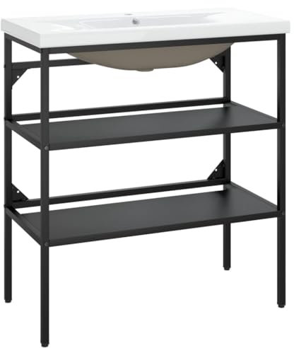 vidaXL Bathroom Washbasin Frame with Built-in Basin, Black Powder-Coated Iron Frame, White Ceramic Basin with Overflow Function, Open Storage Design, Easy to Clean