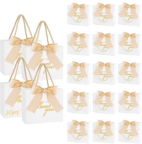 30 Stück Kleine Geschenktüten für Thanksgiving mit Griffen - 14 x 6 x 12cm, SHAIDOJIO Geschenktüte Papier mit Goldener Schleife, Weiß Thank You Geschenktüte für Party Hochzeit Geburtstag Brautdusche