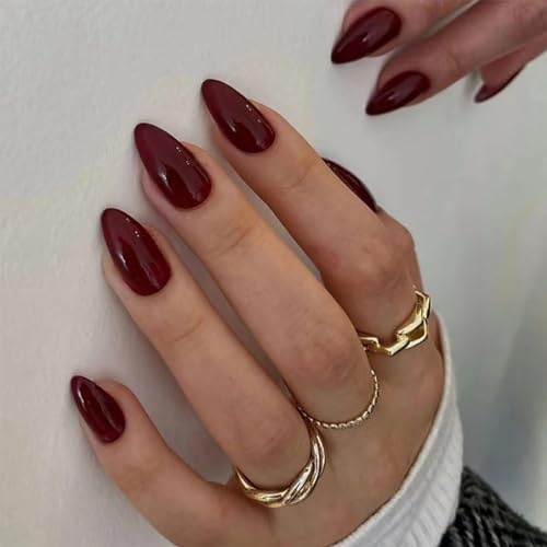 Kaiperala 30pcs Short Almond False Nails Burgundy Stick on Nails Wine Red Press on Nail Glue on Fake Nail Art Accessories for Women Brides Valentines Day Halloween Christmas Accessory