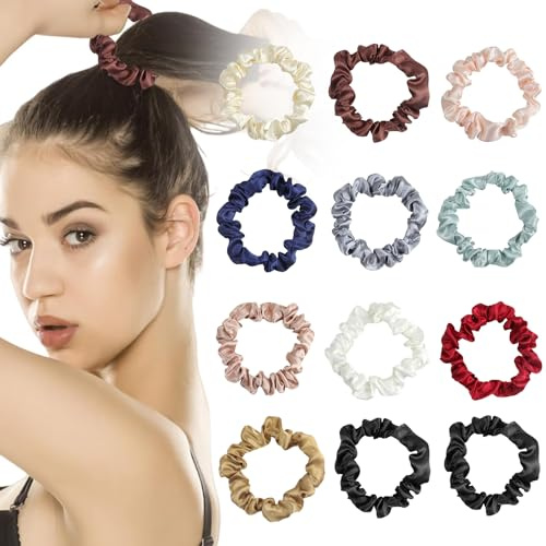 BELEVO 12 Pezzi Elastici per Capelli Seta per Donne e Ragazze, Morbido Elastici capelli Piccoli Elastici in Raso, Accessori per Capelli Scrunchies per Capelli