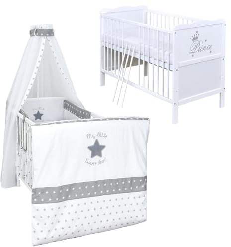 Babybett Komplett Set Max Prince 60x120 weiß Kinderbett umbaubar zum Juniorbett inkl. Bettwäsche Set Komplett (Super Star)