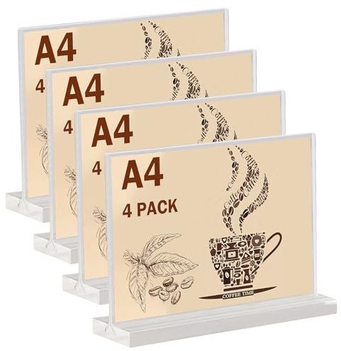 4 Stück Tischaufsteller A4, Preisschilder Aufsteller A4, Tischständer Acryl T-Ständer für Prospekte Menükarte Werbung Fotorahmen, Menükartenhalter für Restaurant, Café, Büro, Fotos, Geschäfte, Shop