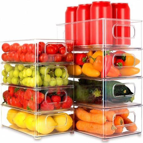 Set mit 8 spülmaschinenfesten, stapelbaren Kühlschrank-Organizern – transparente Kühlschrank-Aufbewahrungsbehälter mit Griffen – Organizer-Boxen für Kühlschrank, Schrank, Schrank, Speisekammer