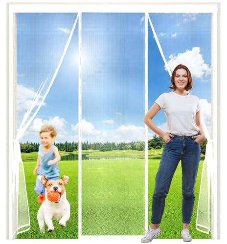 Fliegengitter TüR Rollo Seitlich 150x205cm Magnet Fliegengitter Automatisch Verschließen mit Heavy Duty Mesh und Full Frame Klettverschluss ohne Bohren Weiß
