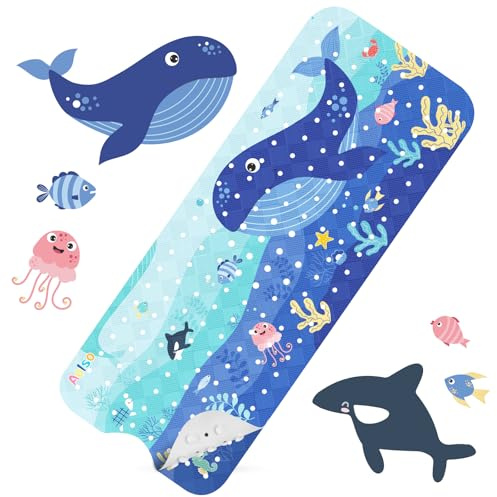 Aolso Rutschfeste Badematte, Duschmatten, 100 x 40 cm, Baby-Badematten, rutschfest, große rutschfeste Duschmatte, Baby-Badematte mit Saugnäpfen und Abflusslöchern, maschinenwaschbar (Ozeantiere)