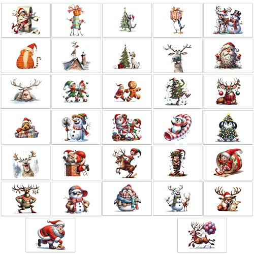 Packung mit 64 lustigen Weihnachtspostkarten mit lustigen Zeichnungen auf der Vorderseite - 32 verschiedene Designs