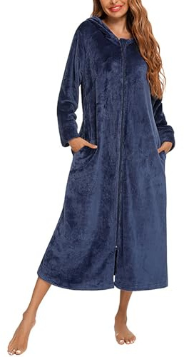 Flodxo Bademantel mit Reißverschluss für Damen, leicht, flauschig, Fleece, superweich, mit Kapuze, Plüsch, lange Länge, warm und gemütlich, Bademantel, Loungewear, Handtuch, Morgenmantel