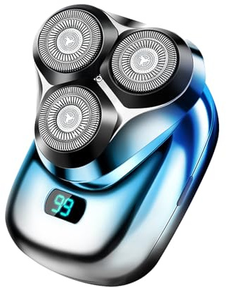 Rasoio elettrico da uomo, portatile, ricaricabile tramite USB, mini rasoio con 3 testine rotanti, compatto e tascabile, per casa, viaggi, display LCD senza fili, con batteria LCD (blu)