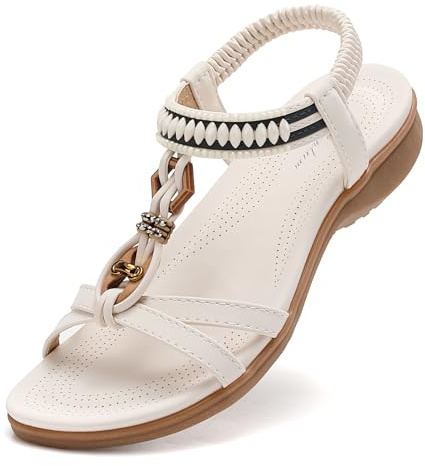Littleplum Sandales Femme Mode Été Sandales Confortable Plates Strass Bout Ouvert Chaussures(Blanc,42EU)