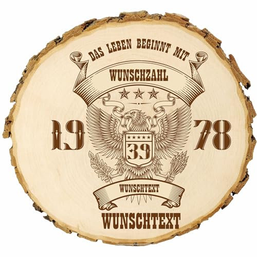 KIWISTAR UG - Baumscheibe - 36-40 cm - Wunschzahl - personalisiertes Geschenk individuell selbst gestalten - Name - Holzscheibe mit Wunschtext - Naturholz - Geschenk - Türschild