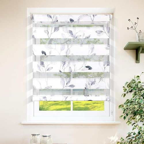 Grandekor Doppelrollo Klemmfix ohne Bohren mit Muster 70 x 120 cm Blätter | Rollos Stoffbreite 66 cm für Fenster & Tür ,Duo Rollo Sichtschutz & Hitzeschutz für Wohnzimmer Kinderzimmer Badezimmer