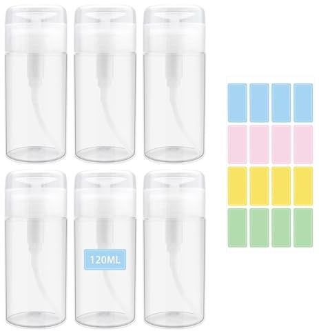 Modixun 6 Pack Nail Polish Remover Pump, Alcohol Dispenser Push Down Lockable Bottle Empty Liquid Container with Stickers for Makeup Remover, Micellar Water, Toner, 120ml