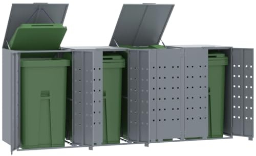 Emmtore Mülltonnenbox 4er Tonnen, Kapazität bis 240L, Aus witterungsbeständig pulverbeschichtetem Stahl mit Automatikdecke, Tonnenhaus, Garten Müllbox,Grau,4 * 240 L