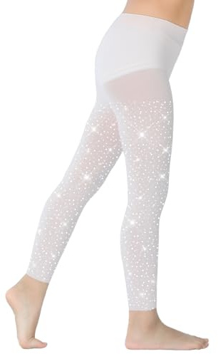 LinkSphere Footless Tights for Girls, Sparkle Rhinestone Students Dance Stockings Ultra-Soft Kids Microfiber Tights(13-16Y, White)