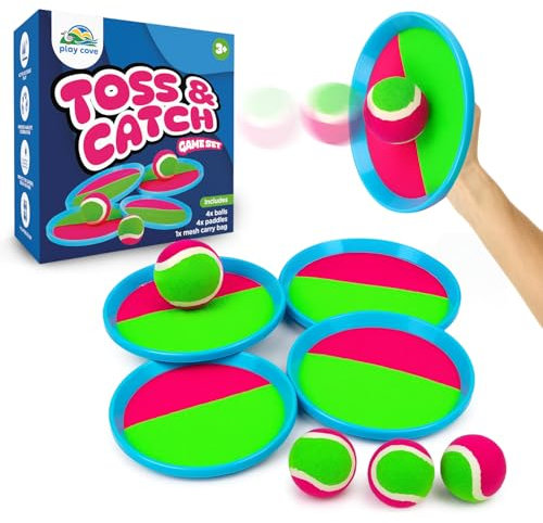 Toss and Catch Ball Set Kids Outdoor Toys for Ages 3+ - Sticky Ball Catch Game for Families with 4 Paddle Sets - Fun Beach & Outdoor Childrens Toys or Garden Games for Kids of All Ages & Adults