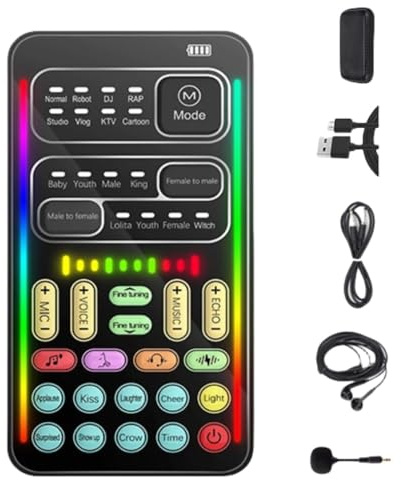 I9 Voice Changer Kit de carte son en direct (écouteurs et 2 convertisseurs), 8 effets sonores différents, pour enregistrement de musique de jeu, changeur de son de téléphone et ordinateur