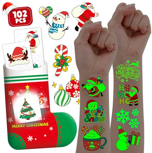 Leesgel Weihnachts-Mitgebsel für Kinder, 34 Leuchtende Tattoos für Weihnachten – Glow-in-the-Dark Tattoo Sticker für Nikolausstiefel, Partybeutel & Geschenke