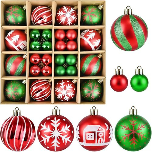 Solihigh Christmas Baubles, 44pcs Red Green and White Christmas Tree Baubles Xmas Hanging Ball Ornaments Decor for Xmas Tree Holiday Party Wedding Home Decorations