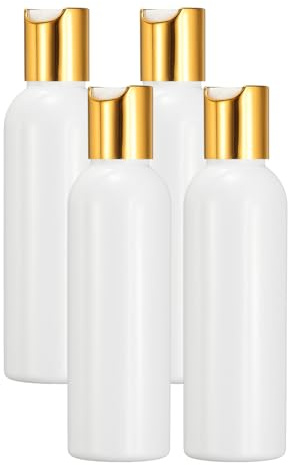 sourcing map 4 Pcs Plastic Travel Bottles, 2 oz Empty Shampoo Bottles with Gold-White Disc Top Caps Clear Refillable Travel Squeeze Containers for Lotions Cosmetics Body Soap, White