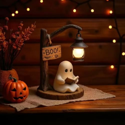 Lanterna da lettura con fantasmi, Boo, in resina, per Halloween, luce notturna con fantasmi illuminati, lampada da lettura per libri, decorazioni luminose per interni per casa e ufficio, statuetta con
