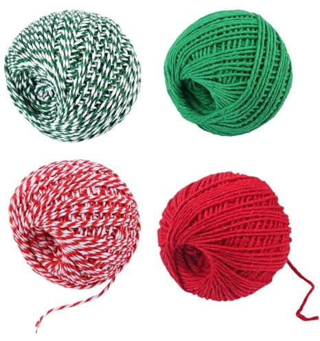 Spago da Fornaio, 4 Rotoli di Filo di Cotone da 75 m, Spago da Panettiera, Corda da 1,5 mm in Verde Rosso Bianco, Cordoncino Bicolore per Decorazioni Natalizie, Confezioni Regalo per Natale