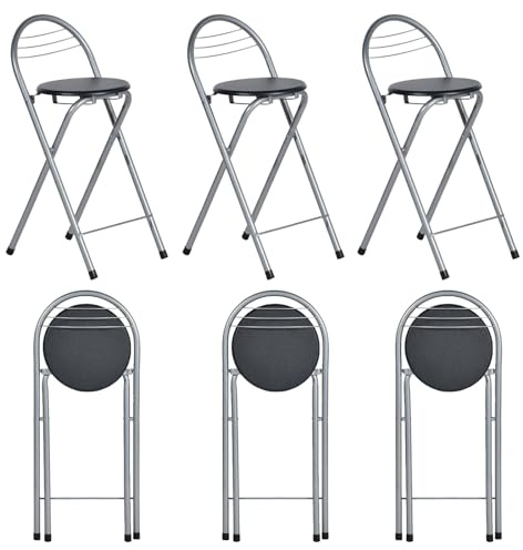 GOKHOMX Sgabello pieghevole con schienale, set da 6 pezzi, pieghevole, per giardino, balcone, cucina, bar, altezza seduta 61 cm (nero e argento)