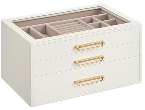 SONGMICS Caja de Joyas, Organizador de Joyería de 3 Niveles, con Ventana de Vidrio, 3 Cajones, Gran Capacidad, Tiradores Dorados, Idea de Regalo, 16 x 24 x 12,5 cm, Blanco Crema JBC206WD01