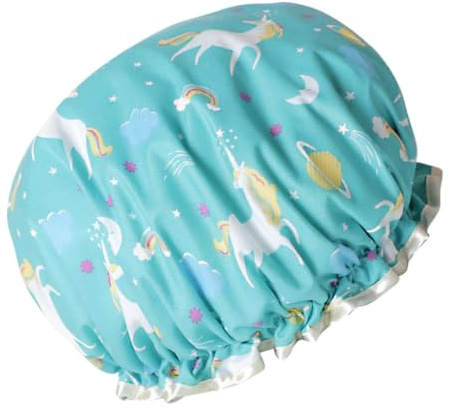 PRETYZOOM Wasserdichte Duschhaube mit Doppelter Schicht Öl Wasserabweisend Niedliches Einhorn design Leicht für Damen Bad Küche und Spa Geeignet