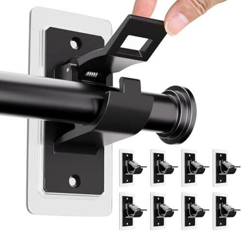 8 Stück Gardinenstange ohne Bohren, Selbstklebende Gardinenstangenhalter Schwarz & Verstellbar - Für Badezimmer, Wohnzimmer und Küche (8, Schwarz)
