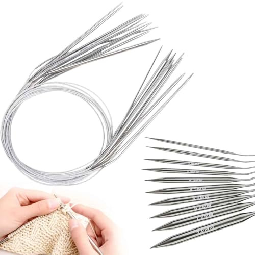 Marsred 10 Stück 60cm Edelstahl Rundstricknadeln Set, Stricknadeln (2mm, 2,5mm, 3mm, 3,5mm, 4mm, 4,5mm, 5mm, 6mm, 7mm, 8mm),Knitting Needles Anfänger Set für Mützen,Socken,Handschuhen,Ärmel