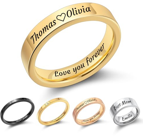 MMXX Bagues 2MM/4MM/8MM Personnalisées en Acier Inoxydable Gravure Personnalisée Nom Date Alliances Simples Bague de Fiançailles Polie Miroir pour Femmes Hommes -4mm Or