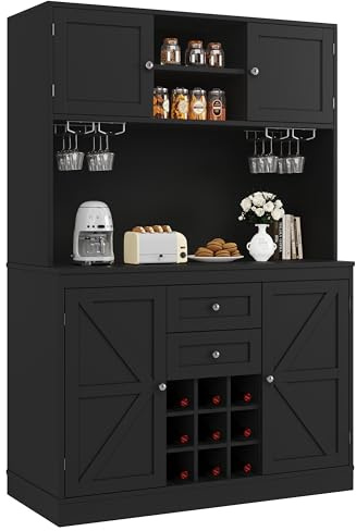 Merax Kitchen Cupboard 188cm Tall Storage Cabinet Buffet pantry larder Cupboard, with 4 Doors&2 Drawers&Wine Rack&Glass Holder&Adjustable Shelves&Large Countertop, Balck