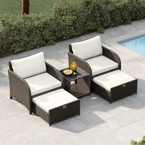 GarveeHome 5-TLG. Rattan Gartenmöbel Set mit 2 Sesseln, Hockern & Tisch | Rattan, Stahlrahmen, 71 cm Sitzbreite, Balkon, Terrasse, Garten