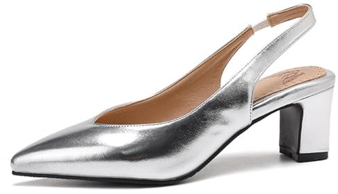 Slip tå slingback klackar dam kattunge blockklack eleganta pumps kväll pumps justerbar rem skor middag datum och cocktailevenemang, Silver, 35 EU