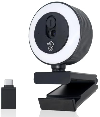 Briocht 2K HD Webcam für PC und Laptop, Autofokus, 360° verstellbare Kamera, integriertes Mikrofon mit Geräuschunterdrückung, 3-Farben-Touch-Beleuchtung für Videoanrufe, Streaming und Remote-Arbeit
