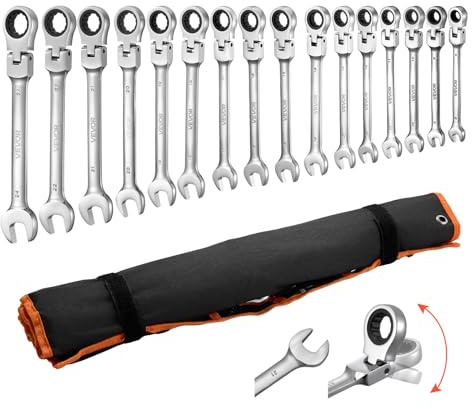 VEVOR Juego de Llaves de Trinquete 30 Unidades, Cabezas Flexibles, Llaves Combinadas con Carraca, Métrica y SAE, con Bolsa de Almacenamiento, para Bricolaje Hogar Reparaciones de Automóvil, Plateado
