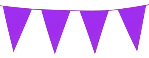 Lila flaggirlang 10 m av plast – stora vimplar 20 x 30 cm – väderbeständig girlang för inomhus och utomhus – slitstark och återanvändbar – festdekoration för födelsedag, bröllop och trädgårdsfest