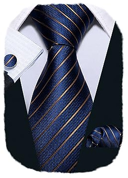 Barry.Wang Navy Blue Tie Sets for Men Silk Stripe Necktie Woven Handkerchief Cufflinks Formal Business Wedding Brown