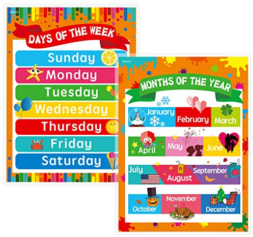 Gethelud Jours de la semaine, mois de l'année affiches plastifiées Apprenez à connaître le calendrier pour enfants