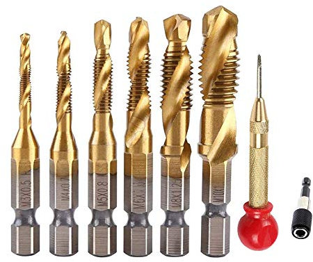 Ensemble de forets pour tarauds HSS, 6PCS 1/4Taraud à main à tige hexagonale Forets combinés en bois à filetage hélicoïdal Foret métrique avec outil de poinçonnage central à ressort (Gold)