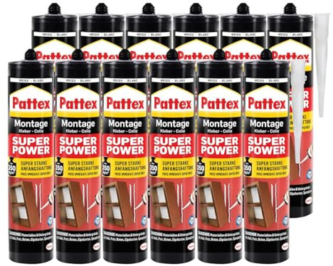 Pattex Montagekleber Super Power, Baukleber mit superstarker Anfangshaftung, Kraftkleber für saugende Materialien, Kleber für innen & außen, Aktionspack mit 12 x 370g, 9H PXS37