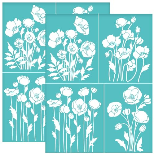 OLYCRAFT 2 stencil autoadesivi per serigrafia, 22 x 28 cm, motivo papaveri, riutilizzabili, stencil a rete per trasferimento fai da te su magliette, pittura su tessuto e legno