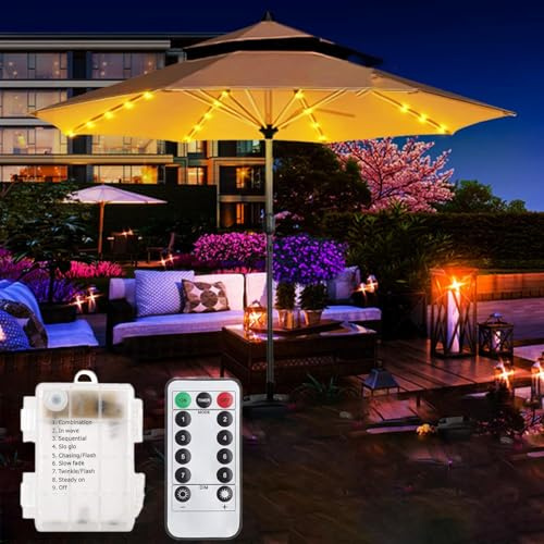 Sonnenschirm Lichterkette,KINGCOO 104LED Regenschirm Hängende Lichter Außen und Innen Dekoleuchte Beleuchtung Lichtbänder mit Fernbedienung Timer Batteriebetrieben für Campingzelte Garten (Warmweiß)